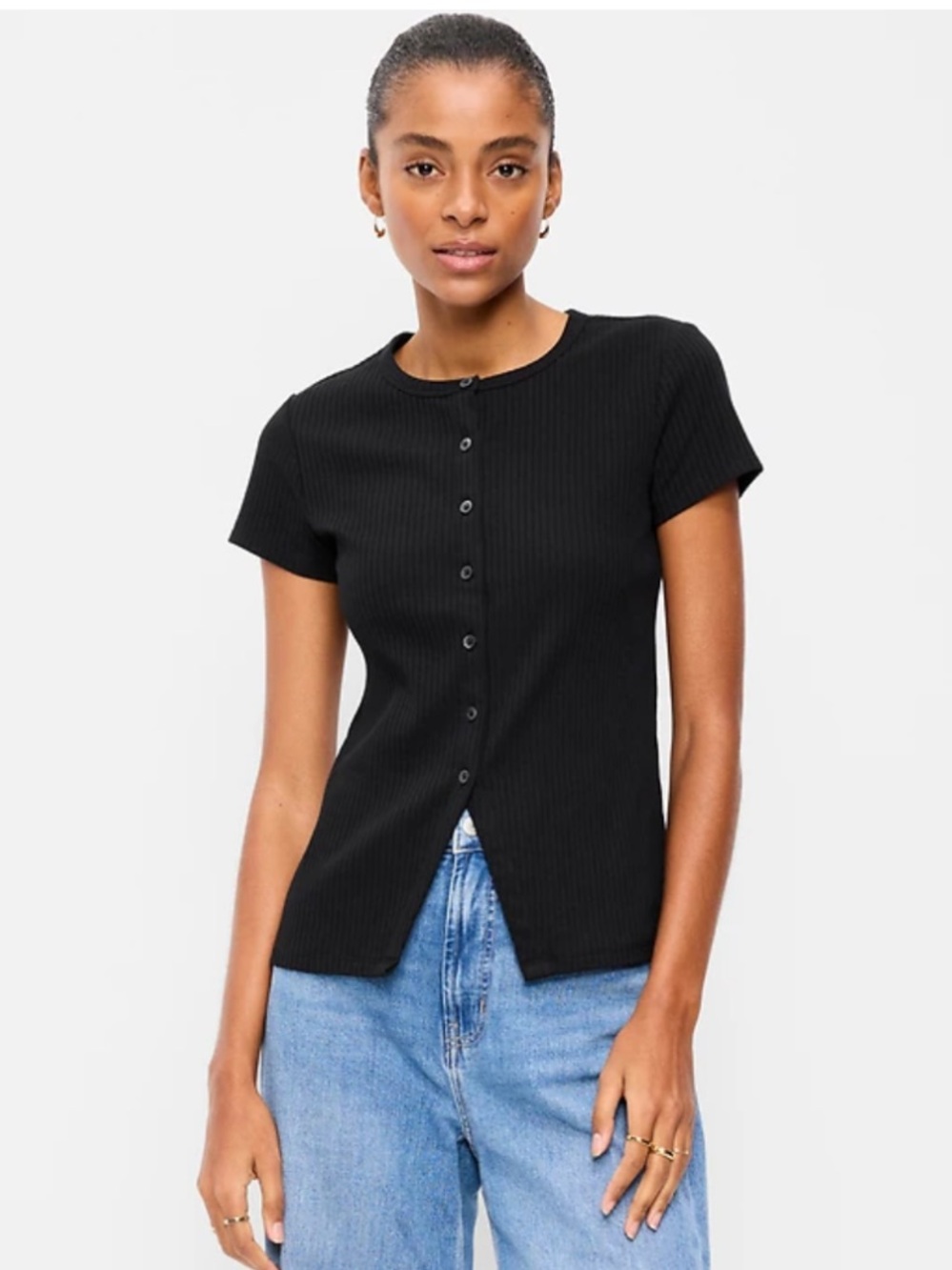 Old Navy Black Ribbed Button-Front Short Sleeve Top